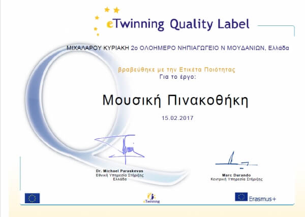 Ετικέτα ποιότητας στο 2ο νηπιαγωγείο Ν. Μουδανιών για το πρόγραμμα eTwinning – Μουσική Πινακοθήκη