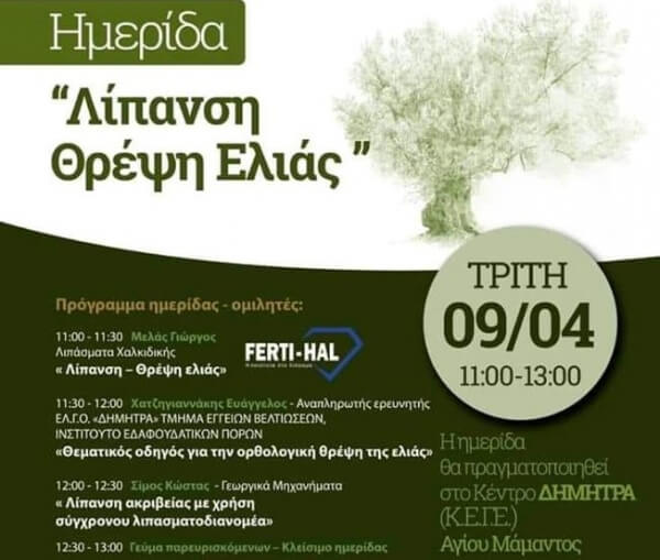 Επιμελητήριο Χαλκιδικής ενημερωτική εκδήλωση με θέμα «Λίπανση – Θρέψη Ελιάς»